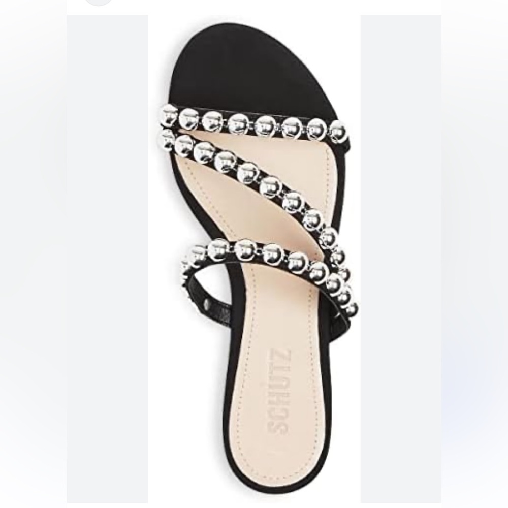 SCHUTZ Black and Silver Sandals with Metallic Embellishments